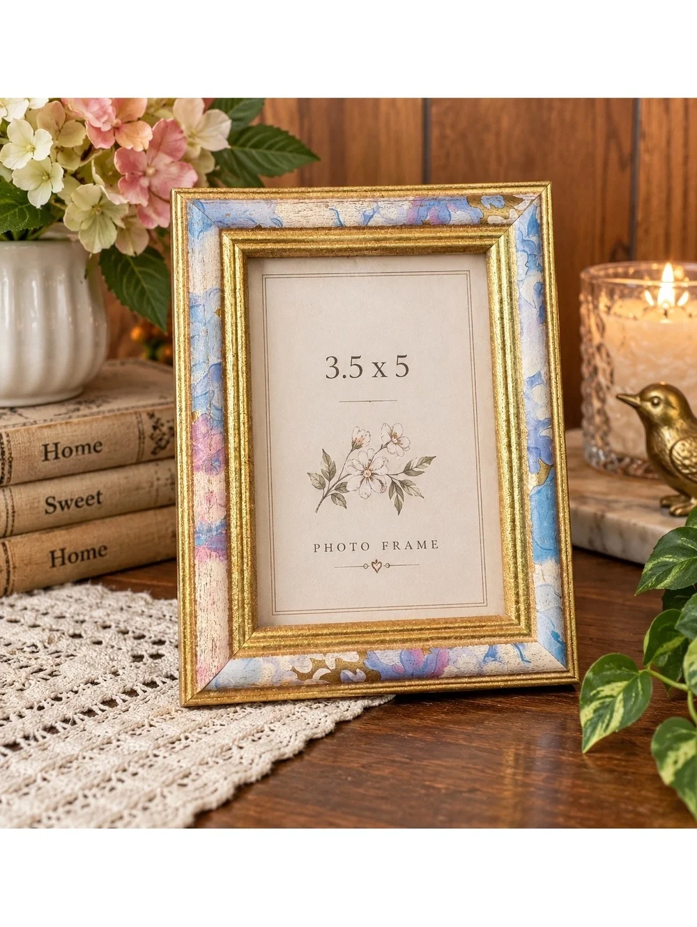 Vintage 3.5x5 Picture Frame Gold Floral Pastel Cottagecore Tabletop Wall Frame